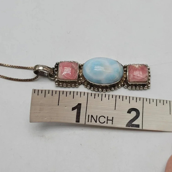 Sterling Silver Pendant Necklace With Blue Larimar Pink Rhodochrosite Stones - Picture 7 of 8